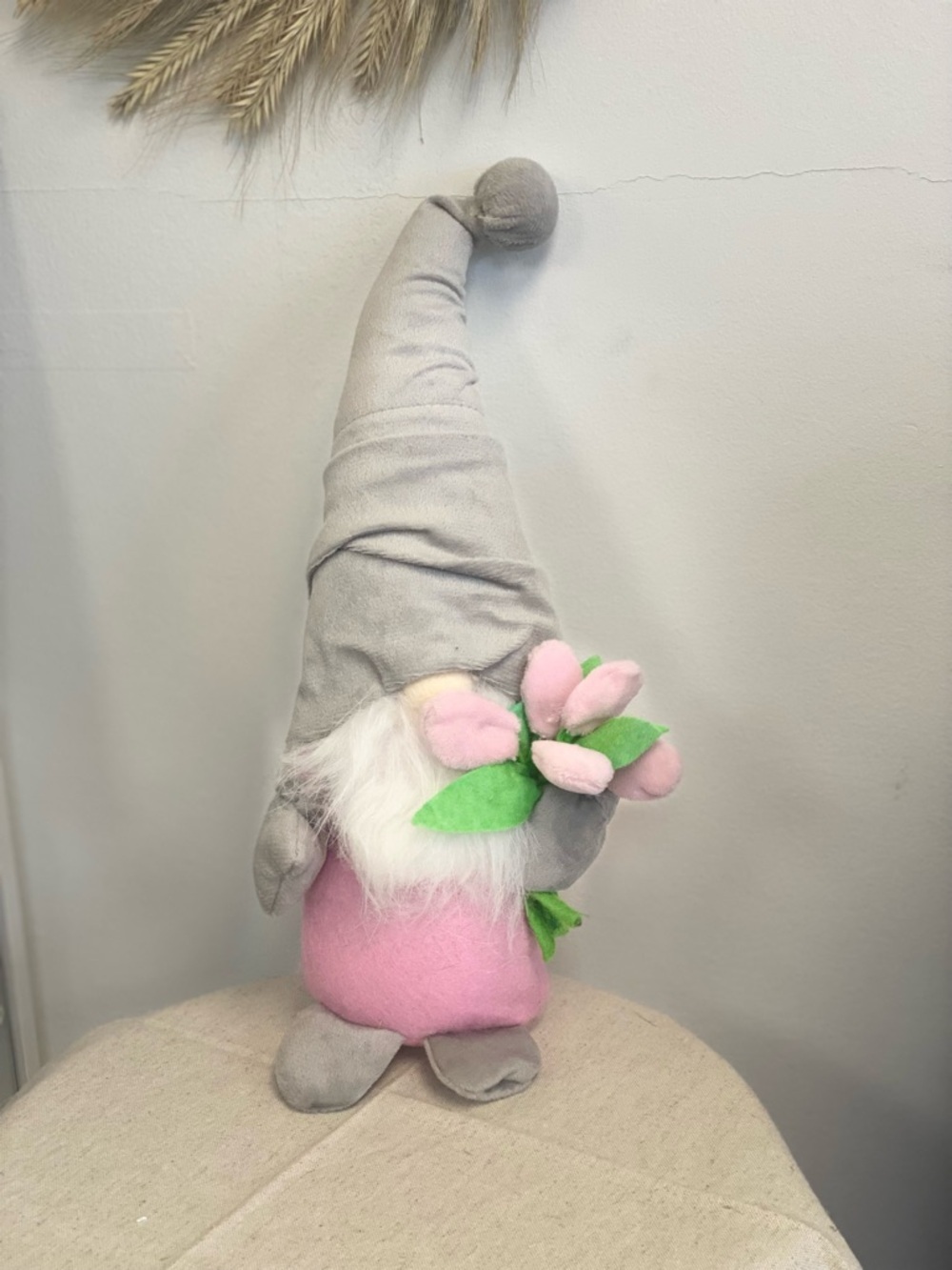 Plush Gnome with Pink Body and Gray Hat